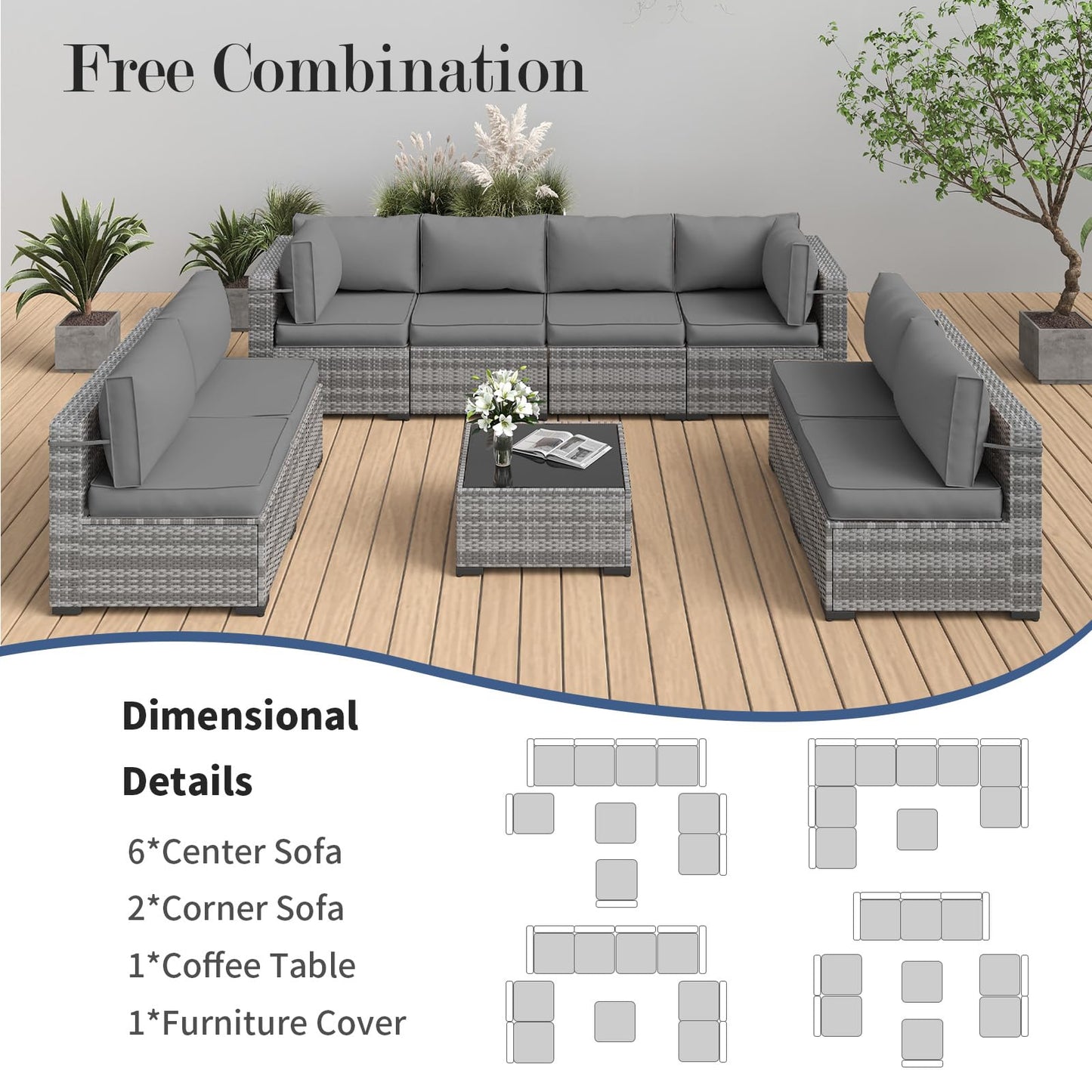 Amopatio Patio Furniture Set, Outdoor Patio Furniture Wicker Furniture Couch Set, 9 Pieces Outdoor Sectional Sofa with Patio Furniture Cover, Outdoor Patio Set for Porch Furniture (Grey)