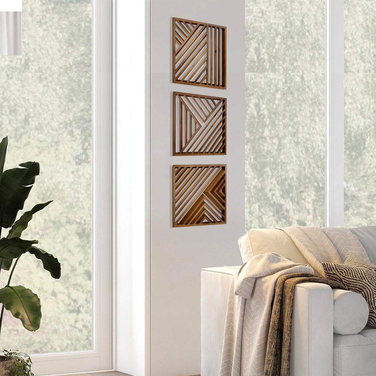 Musanpou Wood Geometric Home Wall Decor Slatted Wood Design Wall Sculpture，Set of 3 Wood Wall Art decorate，Boho Bathroom Bedroom Living Room rustic Home Decoration Musanpou