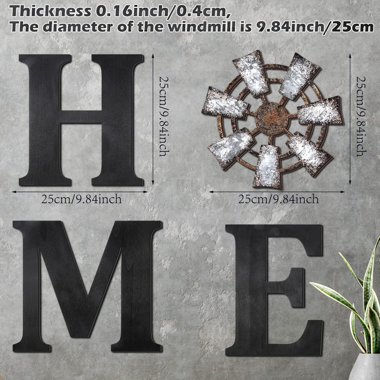 4 Pieces Rustic Home Decor Wooden Home Letters for Wall Windmill Wall Decor Farmhouse Wall Home Sign Brown Home Hanging Wood Sign Farmhouse Decor for Living Room Kitchen Bedroom Front Porch (Black) Qunclay