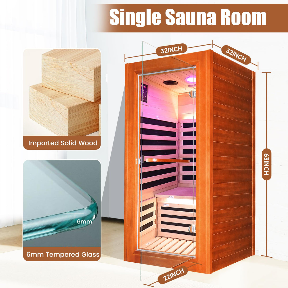 Infrared Sauna for Home Indoor Sauna Wooden Dry Sauna Room Low EMF 1020W for 1 Person with Control Panel, Bluetooth Speaker, Reading Lamp ToTibuy