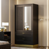 71" Modern Armoire Wardrobe Closet with Mirror, 2-Door Tall Wardrobe Closet with Sliding Doors 2 Large Drawers Hanging Rod Anti-Tip Kit Freestanding Closets for Bedroom, Apartment, Cloak Room ANCTOR
