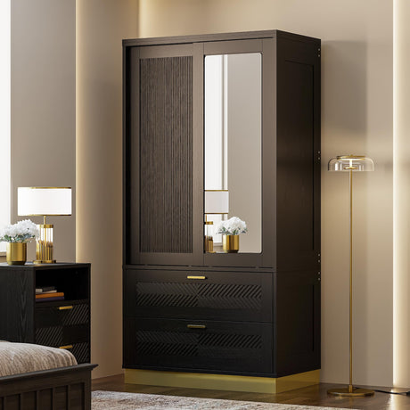 71" Modern Armoire Wardrobe Closet with Mirror, 2-Door Tall Wardrobe Closet with Sliding Doors 2 Large Drawers Hanging Rod Anti-Tip Kit Freestanding Closets for Bedroom, Apartment, Cloak Room ANCTOR