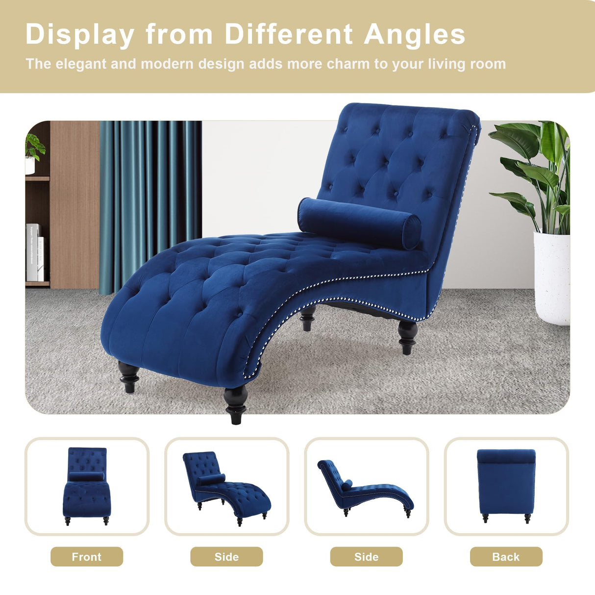 binzida Velvet Chaise Lounge Indoor,Button-Tufted Upholstered Chaise Lounge Chair with Pillow for Bedroom Living Room Office Modern Backrest Leisure Recliner Sleep Sofa (Blue) binzida