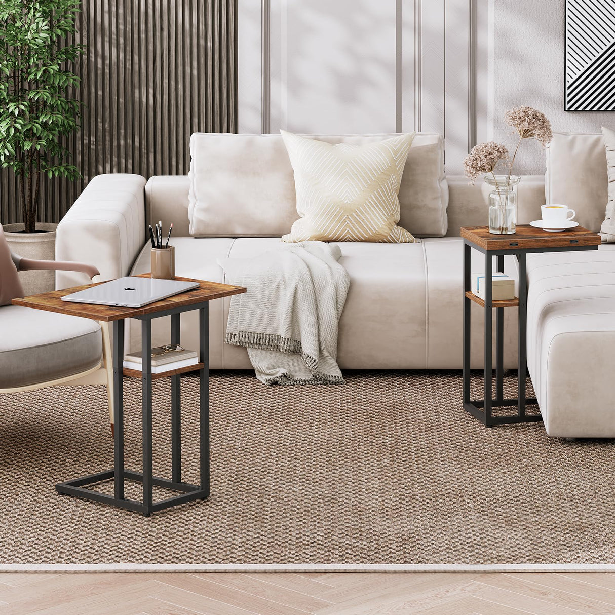 HOOBRO Foldable End Table, C Shaped Side Table with Storage Shelf, Small Snack Table Suitable for Living Room Bedroom Small Spaces, Easy Assembly, Rustic Brown BF29SF01 HOOBRO