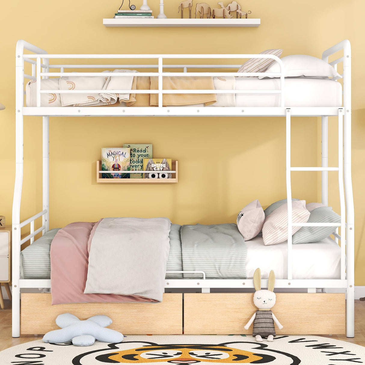 Favfurish Full Over Queen Metal Bunk Bed with 2 Storage Drawers,Contemporary Iron-Crafted Bed Frame,w/Ladder & Full Length Gridded Guardrails,No Box Spring Needed,for Bedroom Guest Room,White Favfurish