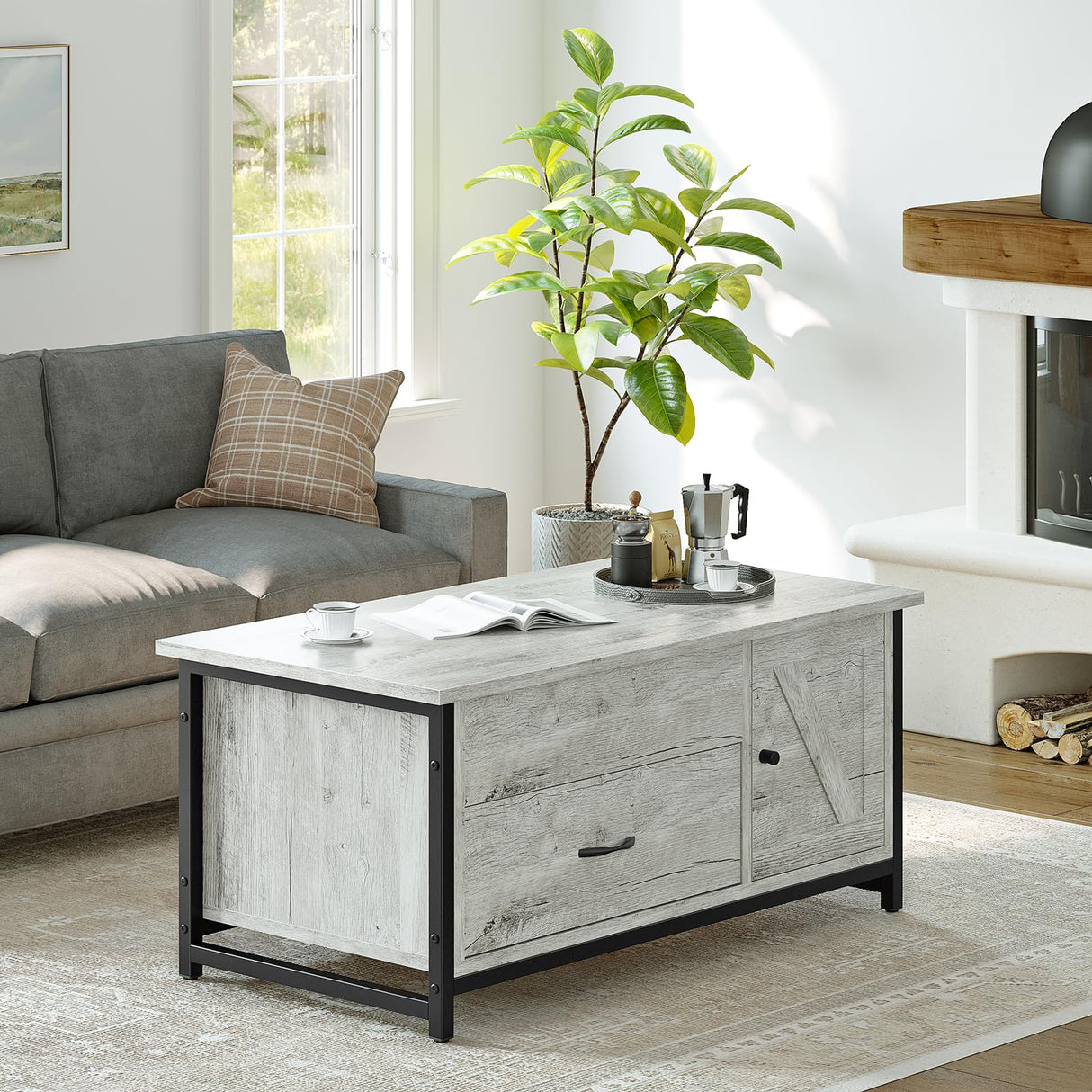 FABATO 41.7" Coffee Table Lift Top with Storage Drawers and Hidden Compartment Vintage Central Table for Living Room Grey FABATO