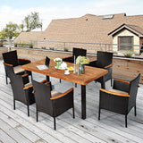 Tangkula 7 Pieces Patio Dining Set, Patiojoy Outdoor Conversation Set w/Acacia Wood Top Table & 6 Stackable Rattan Chairs, Wicker Dining Furniture w/Umbrella Hole, Steel Frame, Sponge Seat Cushions Tangkula