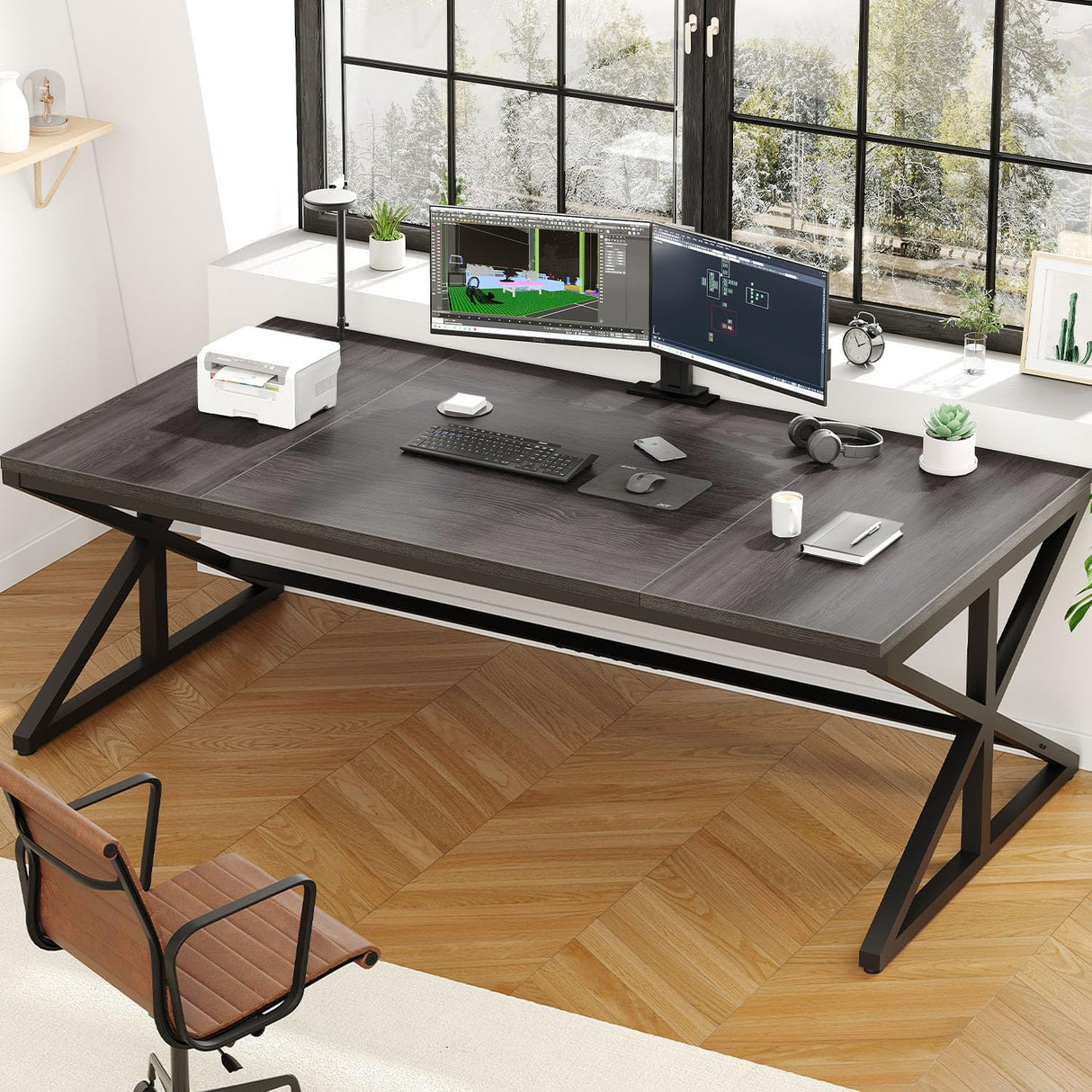 IBF Long Grey Computer Desk, Modern Large Wood Metal Office Desk, Industrial Pc Study Gaming Writing Table for 2 Person, Executive Workstation for Home Bedroom Living Room, Dark Gray, 70 Inch IBF