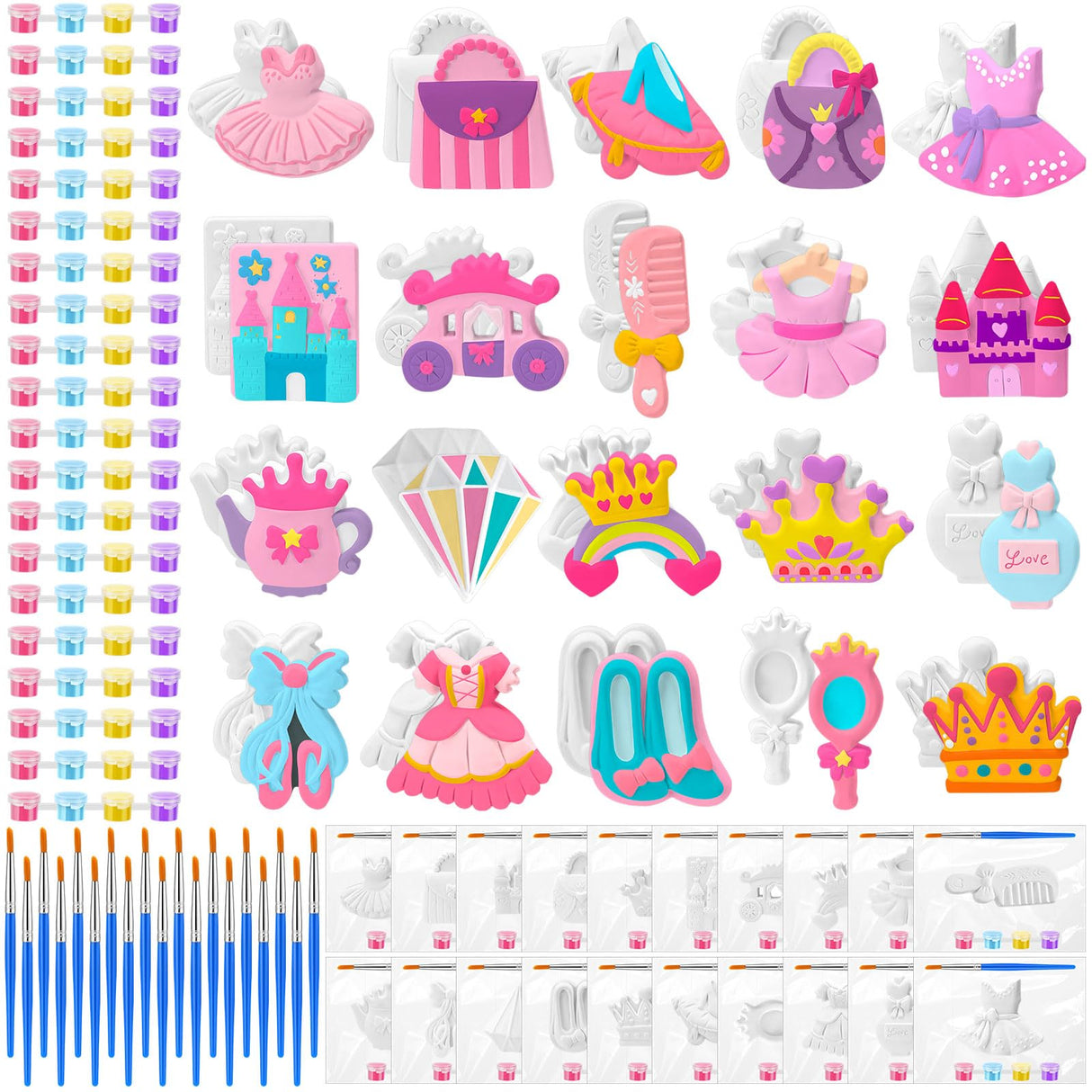 JellyArch 20 Set Princess DIY Painting Kit Ceramic to Paint Your Own Princess Rainbow Castle Statues Unpainted Plaster Figurines Brushes Acrylic Paints Bags Party Favor for Adults JellyArch