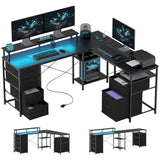 HOMCOM 66" L Shaped Gaming Desk, Reversible, 105" 2 Person Computer Desk with File Cabinet and Fabric Drawers, Power Outlets and LED Lights, Monitor Stand, Distressed Black HOMCOM