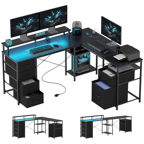 HOMCOM 66" L Shaped Gaming Desk, Reversible, 105" 2 Person Computer Desk with File Cabinet and Fabric Drawers, Power Outlets and LED Lights, Monitor Stand, Distressed Black HOMCOM