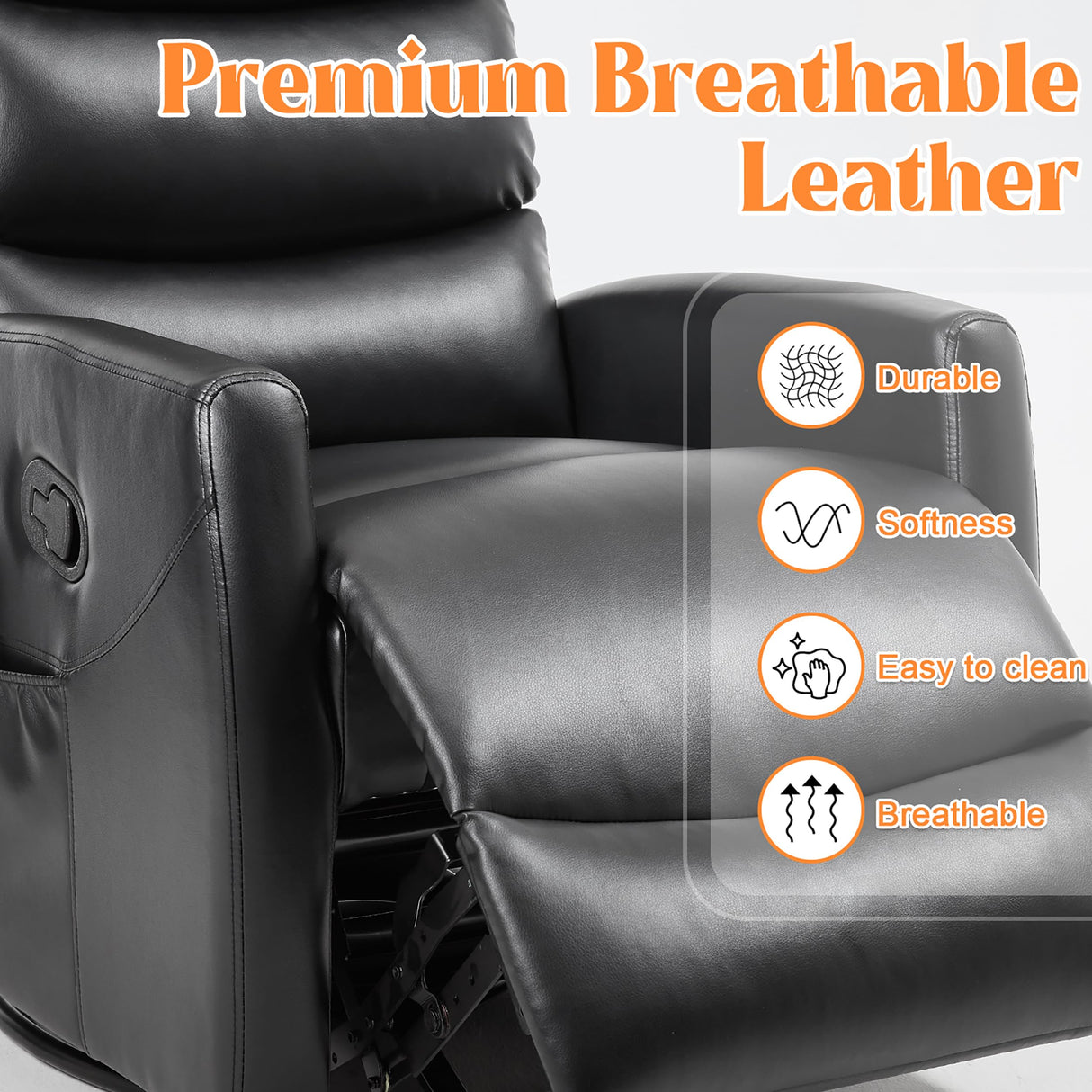 Manual Swivel Rocker Recliner Chair with Massage, Overstuffed Recliner Glider with Vibration Massage and Heat for Nursery, Living Room Reclining Sofa Chair, PU Leather Black Luxlen