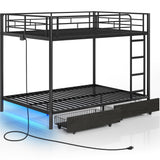 Rolanstar Metal Bunk Bed Full Over Full with USB Charging Station, LED Bunk Bed with 2 Storage Drawers, Bed with Safety Guardrail & Ladders, No Box Spring Needed, Easy Assembly, Black Rolanstar