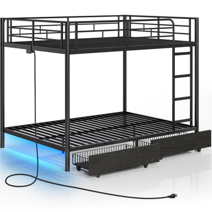 Rolanstar Metal Bunk Bed Full Over Full with USB Charging Station, LED Bunk Bed with 2 Storage Drawers, Bed with Safety Guardrail & Ladders, No Box Spring Needed, Easy Assembly, Black