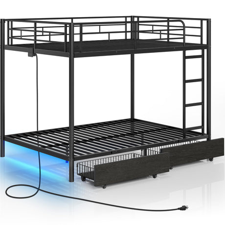 Rolanstar Metal Bunk Bed Full Over Full with USB Charging Station, LED Bunk Bed with 2 Storage Drawers, Bed with Safety Guardrail & Ladders, No Box Spring Needed, Easy Assembly, Black Rolanstar