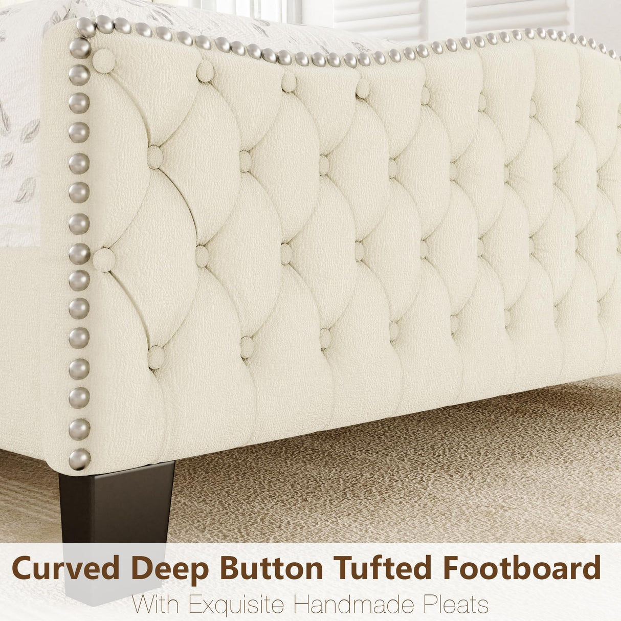 King Bed Frame with 51" Tall Headboard, Velvet Upholstered Platform Bed with Deep Button Tufted, Footboard & Nailhead Trim Wingback, No Box Spring Needed, Noise Free-Beige Konprosp