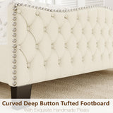 King Bed Frame with 51" Tall Headboard, Velvet Upholstered Platform Bed with Deep Button Tufted, Footboard & Nailhead Trim Wingback, No Box Spring Needed, Noise Free-Beige Konprosp