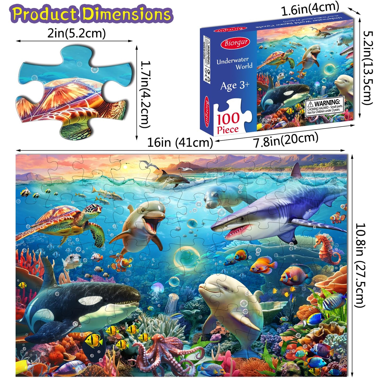 Biorgur Underwater World Jigsaw Puzzles for Kids Ages 4-8 4-6 5-8 8-10 Year Old,100 Piece Ocean Shark Whale Jigsaw Puzzle for Children Learning Educational Puzzles Toys for Boys and Girls Family Time