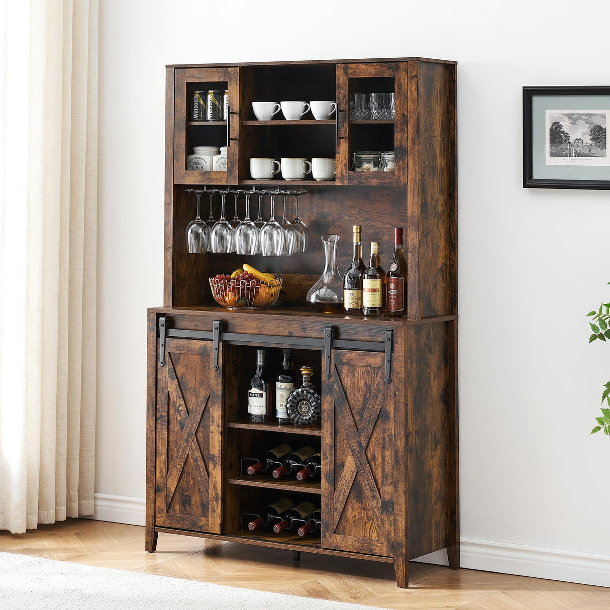IDEALHOUSE Farmhouse Coffee Bar Cabinet with Sliding Barn Door, 72" Tall Buffet Cabinet with Storage Shelves, Liquor Cabinet with Wine and Glasses Rack,Sideboard Cupboard for Kitchen,Dining Room,Brown IDEALHOUSE
