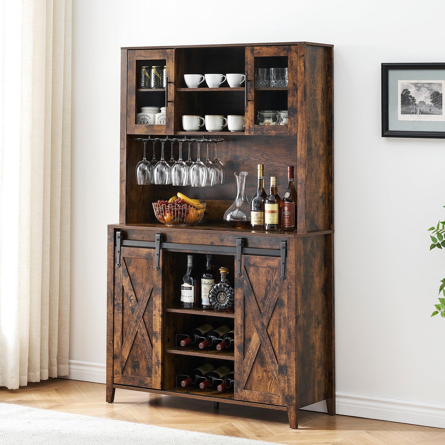 IDEALHOUSE Farmhouse Coffee Bar Cabinet with Sliding Barn Door, 72" Tall Buffet Cabinet with Storage Shelves, Liquor Cabinet with Wine and Glasses Rack,Sideboard Cupboard for Kitchen,Dining R - WoodArtSupply