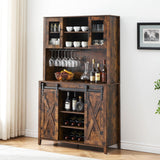 IDEALHOUSE 70'' Wine Coffee Bar Cabinet with Storage Hutch, Tall Kitchen Pantry Liquor Cabinet with Sliding Barn Doors, Bottle Glasses Rack, Farmhouse Buffet for Home Dining Room, Brown IDEALHOUSE
