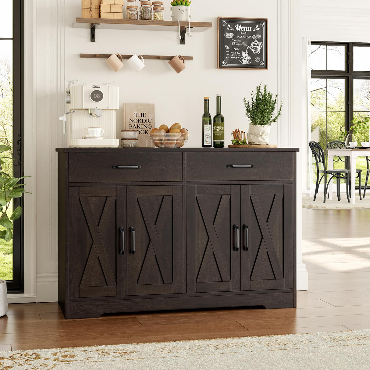 HOSTACK Coffee Bar Cabinet, 47.2" Buffet Cabinet with Storage, Modern Farmhouse Kitchen Buffet Sideboard with Drawers and Shelves, Barn Doors Storage Cabinet for Living Room, Dark Brown HOSTACK