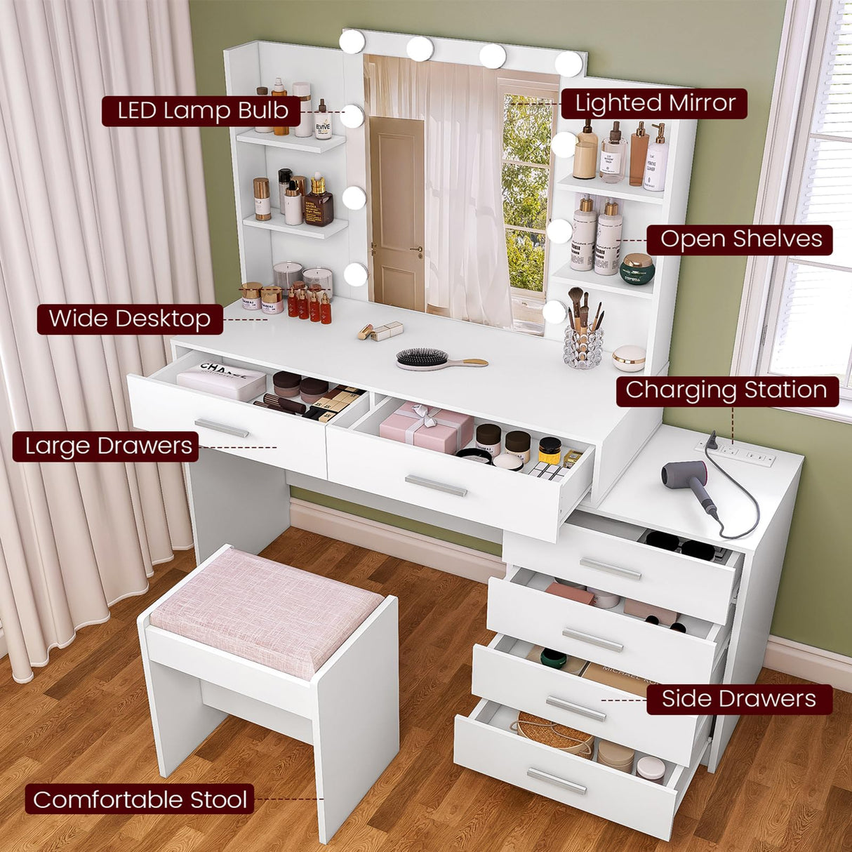 FIONESO Vanity Desk with Mirror & Lights, Makeup Vanity with 6 Drawers, 6 Open Shelves and Power Outlet, 48” Storage Makeup Vanity Desk with Stool Bench for Women, Girls, Bedroom, White FIONESO