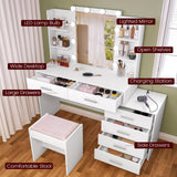 FIONESO Vanity Desk with Mirror & Lights, Makeup Vanity with 6 Drawers, 6 Open Shelves and Power Outlet, 48” Storage Makeup Vanity Desk with Stool Bench for Women, Girls, Bedroom, White FIONESO