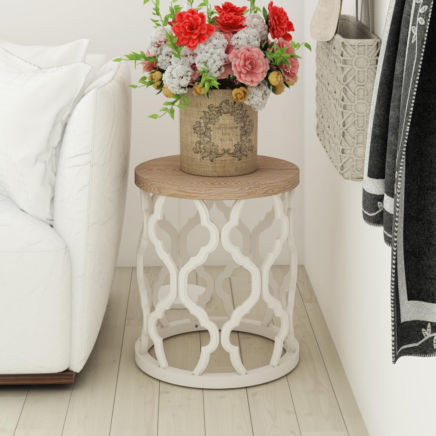 COZAYH Rustic Farmhouse End Table, Distressed Wood Top Side Table with Curved Motif Frame Base for Boho, Round, White
