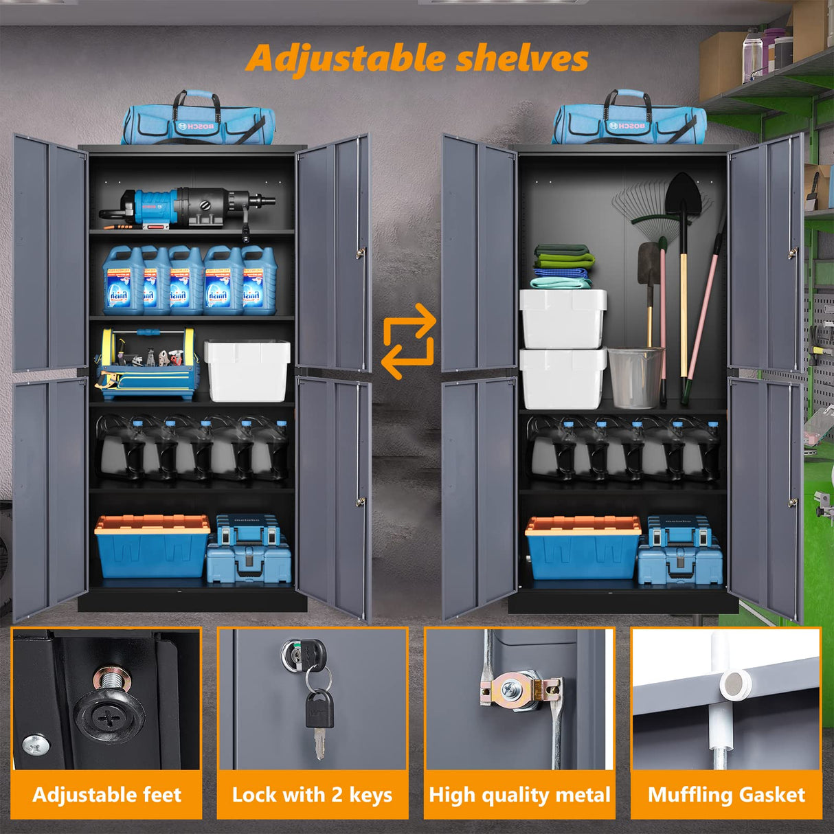 STANI Metal Storage Cabinet, Locking Steel Storage Cabinet with 4 Doors and 2 Adjustable Shelves, 71" Steel Lockable File Cabinet, Tall Steel Cabinet for Home Office,Garage,School STANI