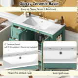 LUMISOL 36 Inch Bathroom Vanity with Sink, Free Standing Bathroom Sink Cabinet with 3 Drawers, 2 Glass Door & Side Storage, Vintage Bathroom Vanities with Ceramic Sink, Solid Wood Frame, Green LUMISOL