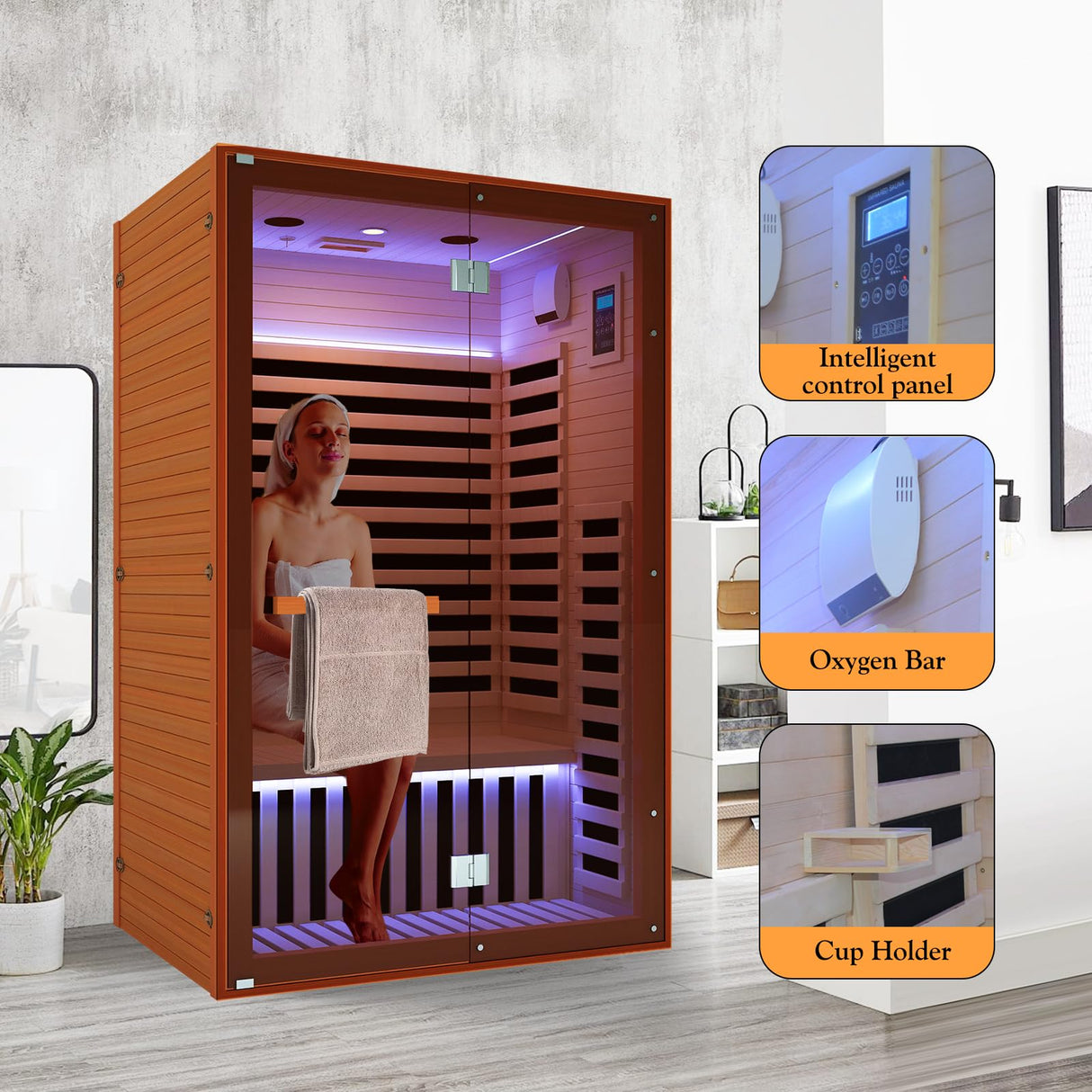 OUTEXER Far Infrared Sauna Home Sauna Spa Room for 2 Person Low-EMF Canadian Hemlock Wood 1950W Indoor Saunas with Oxygen Bar 47.2 * 35.4 * 74.8Inch OUTEXER