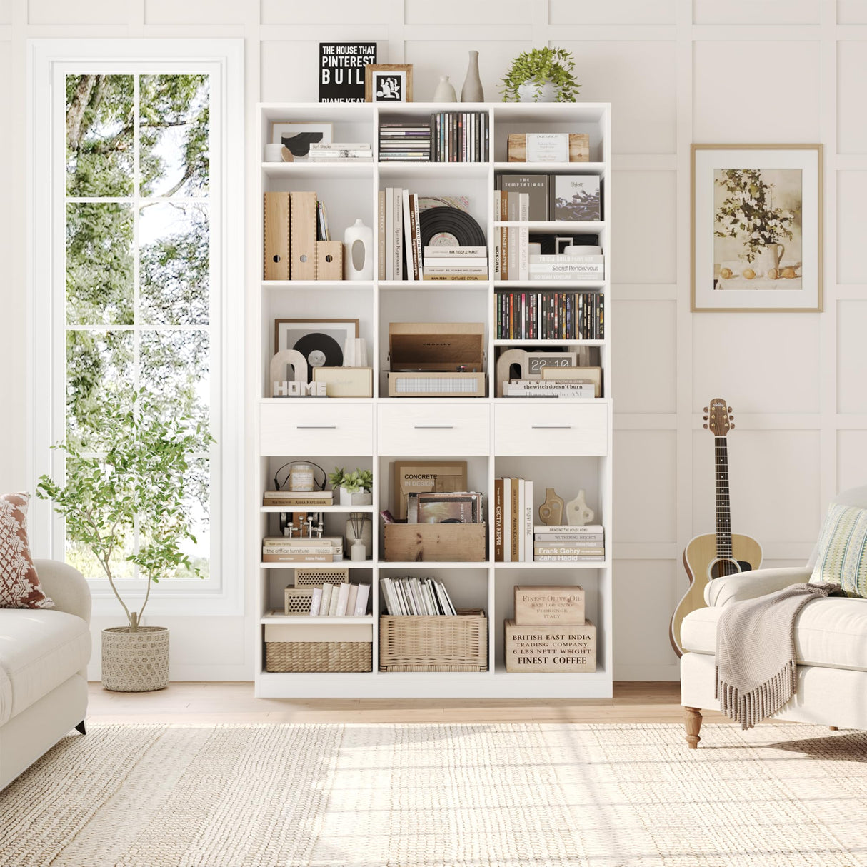 HOSTACK 75" Tall Book Shelf and Bookcase, 47" Wide Bookshelf with Drawers, Modern 9 Tier Bookcase with Storage, Large Wood Display Cabinet with Adjustable Shelves for Living Room, Home Office, White HOSTACK