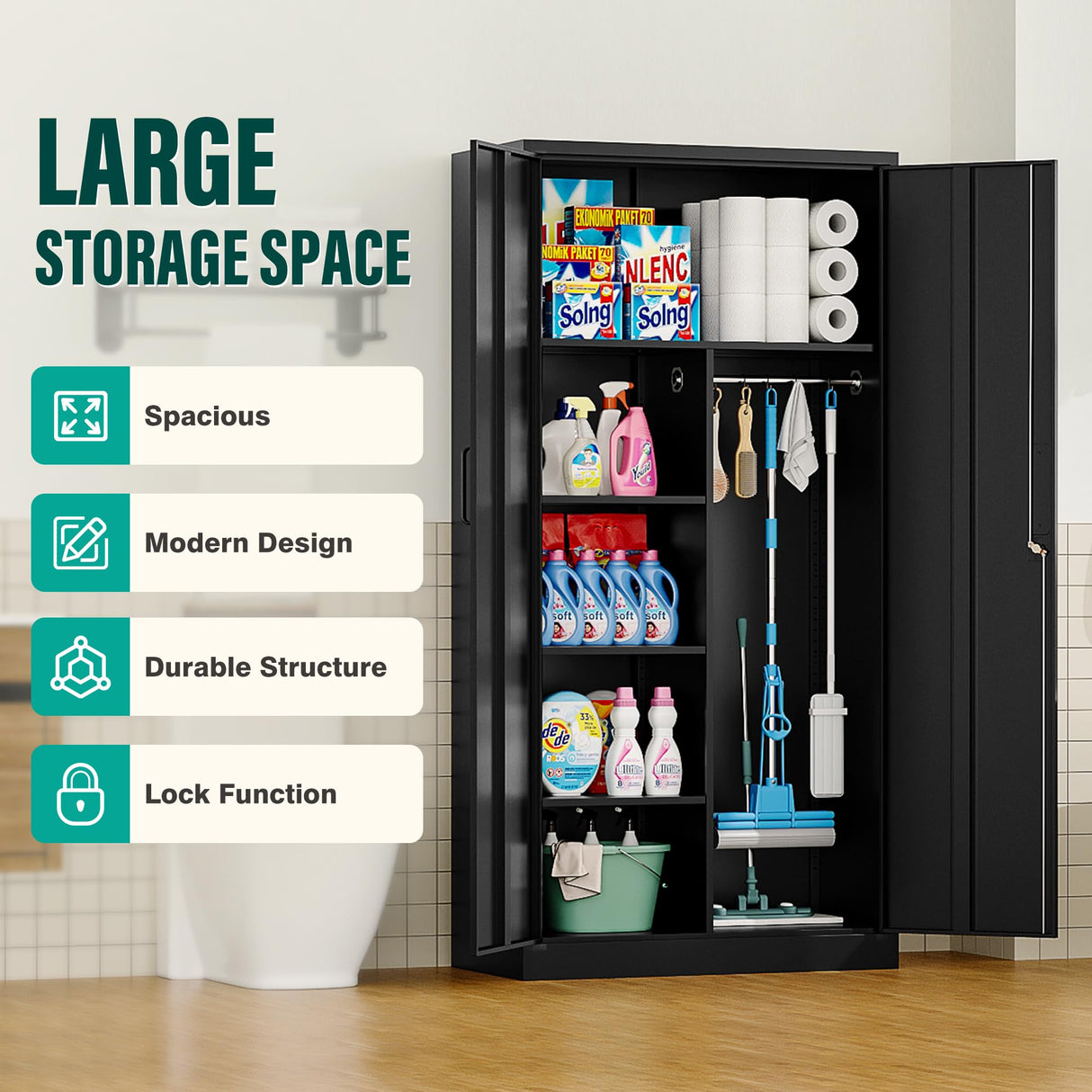 Wide & Deep Metal Storage Cabinet with Hanging Rod,Black Broom Closet Storage Cabinet with Lock,72" Tall Wardrobe Cabinets with Doors and Shelves,Locking Steel Tool Cabinets for Home,Office,Garage SISESOL