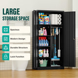 Wide & Deep Metal Storage Cabinet with Hanging Rod,Black Broom Closet Storage Cabinet with Lock,72" Tall Wardrobe Cabinets with Doors and Shelves,Locking Steel Tool Cabinets for Home,Office,Garage SISESOL