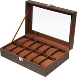 Ohuhu Watch Cases for Men, 12-Slot Watch Box Wood Grain PU Leather - Watch Case Holder Real Glass Lid Jewelry Storage Soft Velvet Watch Organizer Box for Men and Women Fathers Day Ohuhu