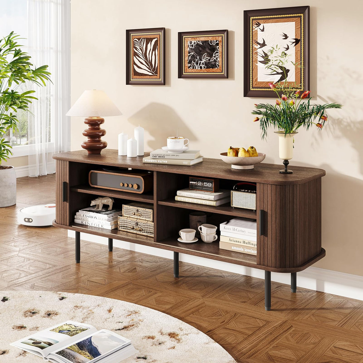 FiveWillowise 55" Mid Century Modern Fluted TV Stand for TVs up to 65 Inch, Gaming Entertainment Center with Tambour Slatted Sliding Doors, Media TV Consoles Table for Living Room, Walnut FiveWillowise