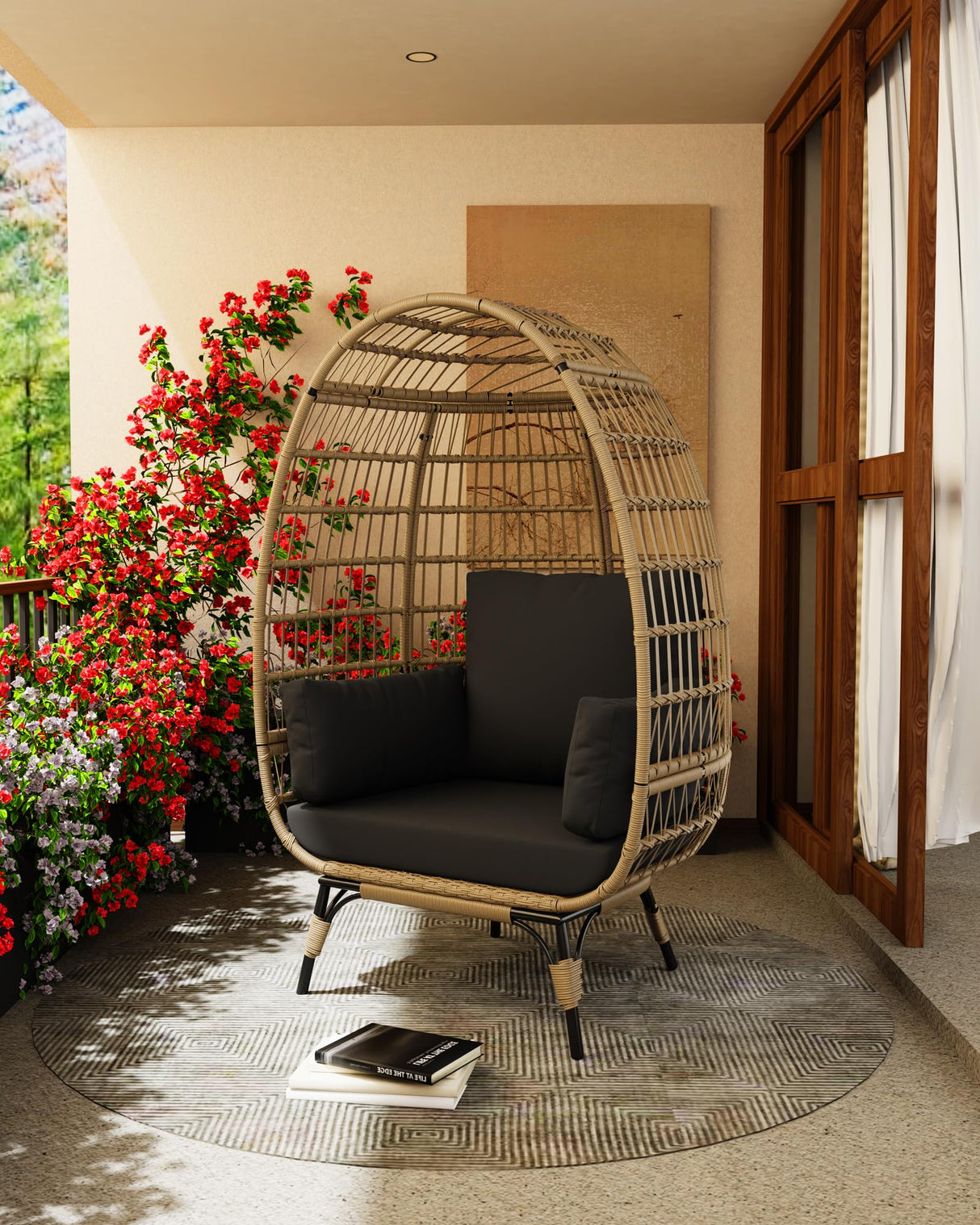 Outdoor Egg Chair, Oversized Patio Wicker Basket Chair for Balcony, Patio, Living Room, Lounge Chairs for Outside with Thick Cushions, 350LBs Capacity Egg Chair Indoor Outdoor Furniture, Black Hipicute