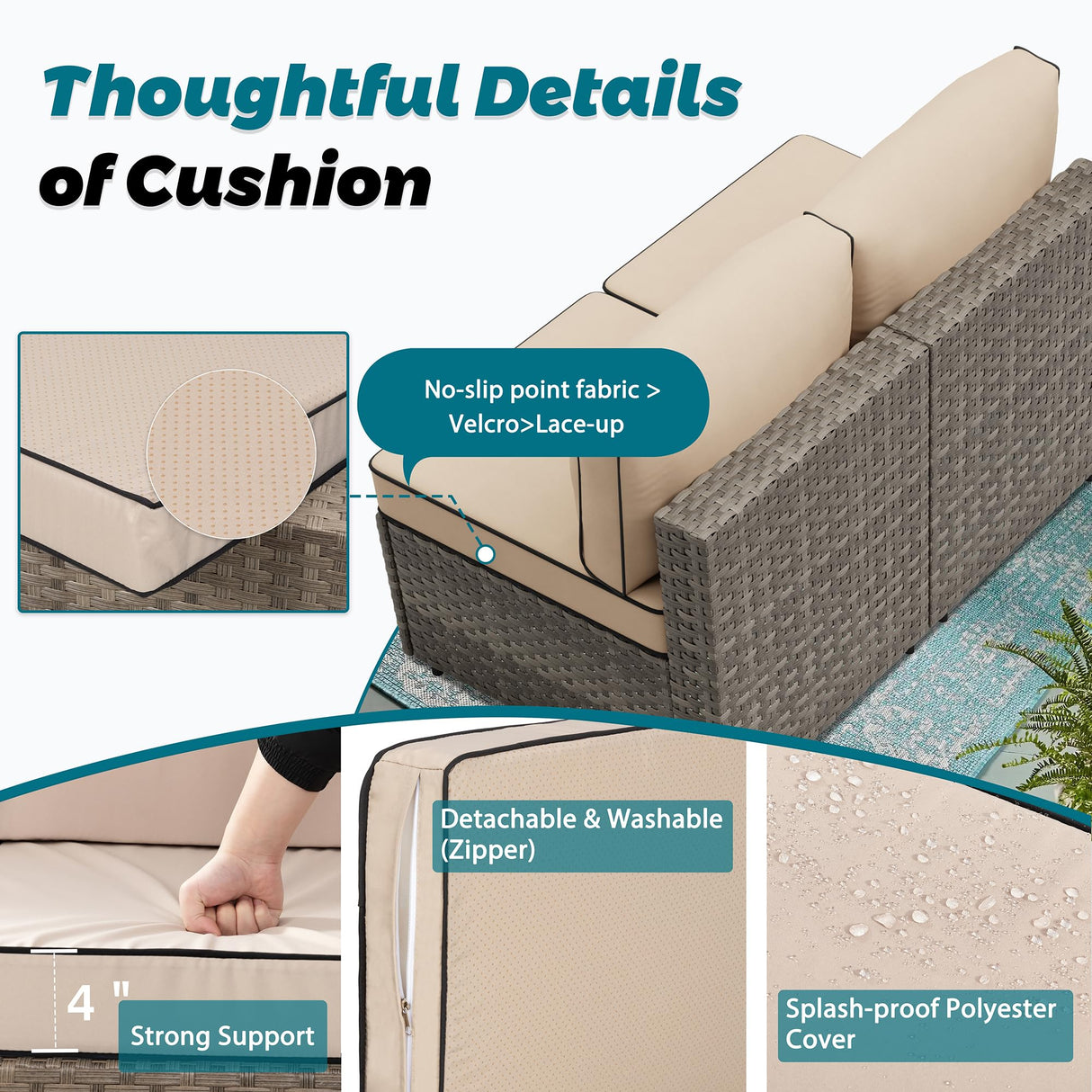 Shintenchi 7 Pieces Outdoor Patio Sectional Sofa Couch, Wicker Furniture Conversation Sets with Washable Cushions & Glass Coffee Table for Garden, Poolside, Backyard (Khaki) Shintenchi