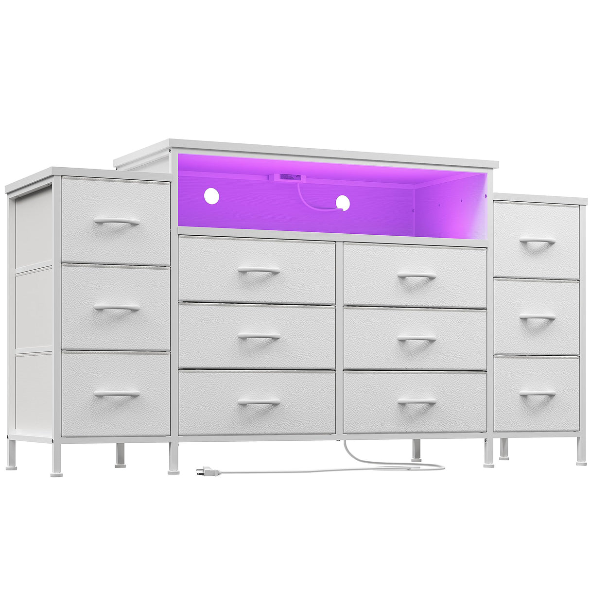 EnHomee 55" W Dresser for Bedroom with LED Lights & Charging Station 12 Drawer Dressers & Chests of Drawers Dresser TV Stand for Bedroom for Hanging 65" TV, Metal Frame & Fabric Drawers, White EnHomee