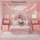 Gurexl 3 in 1 Pink Vanity Desk with Plip Top Mirror,Small Make Up Vanity Set with Visible Glass Desktop,Compact Makeup Vanity with 3 Drawers,Cushioned Tool,Dressing Table for Bedroom Gurexl