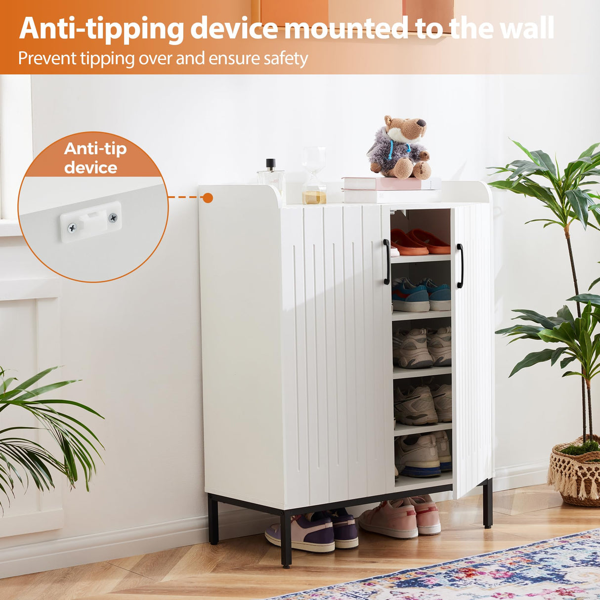 Mericonia Modern Shoe Cabinet with Metal Legs, Farmhouse Large 5-Tier Shoe Storage Cabinet with Doors, Wooden Shoe Organizer for Entryway, Hallway, Closet, Bedroom, Living Room, White Mericonia