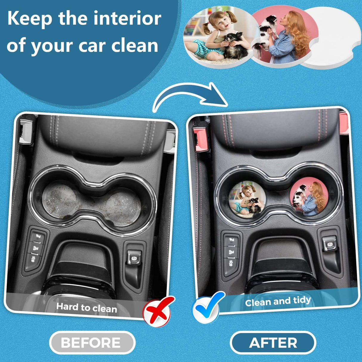 Zhehao 136 Pcs Ceramic Car Coasters with Bags and Cards 2.64'' Sublimation Coasters Blanks Ceramic Car Cup Holder Coasters with A Finger Notch for Easy Removal Car Coaster Packaging for Selling Zhehao