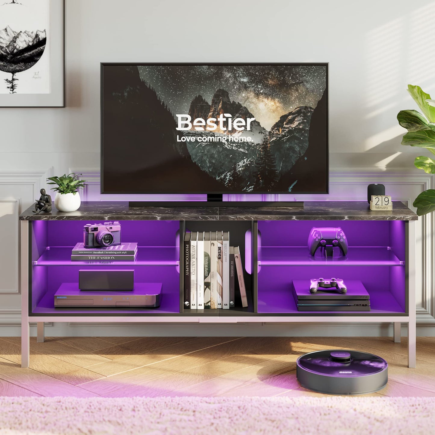 Bestier TV Stand for 70 inch TV, Modern Marble Gaming Entertainment Center with LED Lights, Wood TV Stand with Glass Shelves for Living Room Bedroom, Black Marble - WoodArtSupply