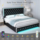 SIBEDS Queen LED Bed Frame with 2 Drawers, Storage Platform Beds with Upholstered Crystal Button Tufted Headboard Footboard, 2 Side Pockets, No Box Spring Needed, PU Black SIBEDS
