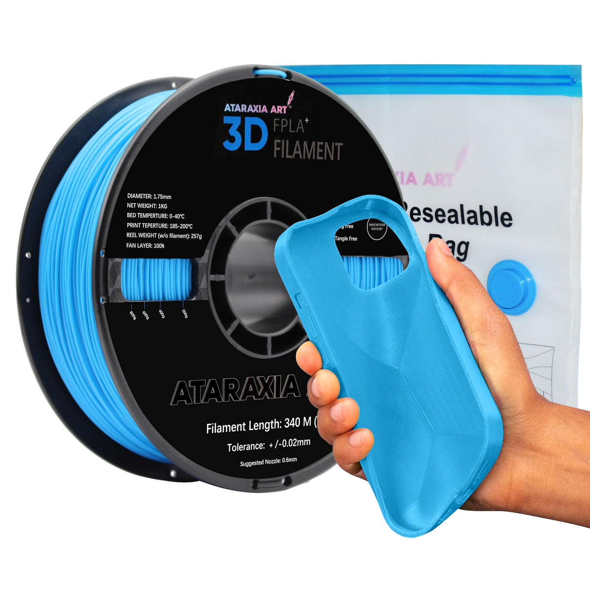 ATARAXIA ART Flexible PLA Filament 1.75mm, 3D Printer Filaments 1Kg/2.2lb Spool, Easy Than TPU Extruder,89A Shore Hardness,Patent Formula, Accuracy +/-.03mm, with Filament Storage Bags, FPLA Sky Blue ATARAXIA ART