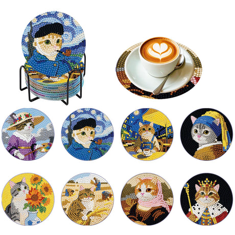 PERFECTSIGHT 8 Pcs DIY Diamond Art Painting Coasters with Holder, Cute Diamond Paint Coaster Kits for Adults, Kawaii Full Drill Diamond Art Craft Paint by Number Non Slip Coaster - Multicolor Cats PERFECTSIGHT