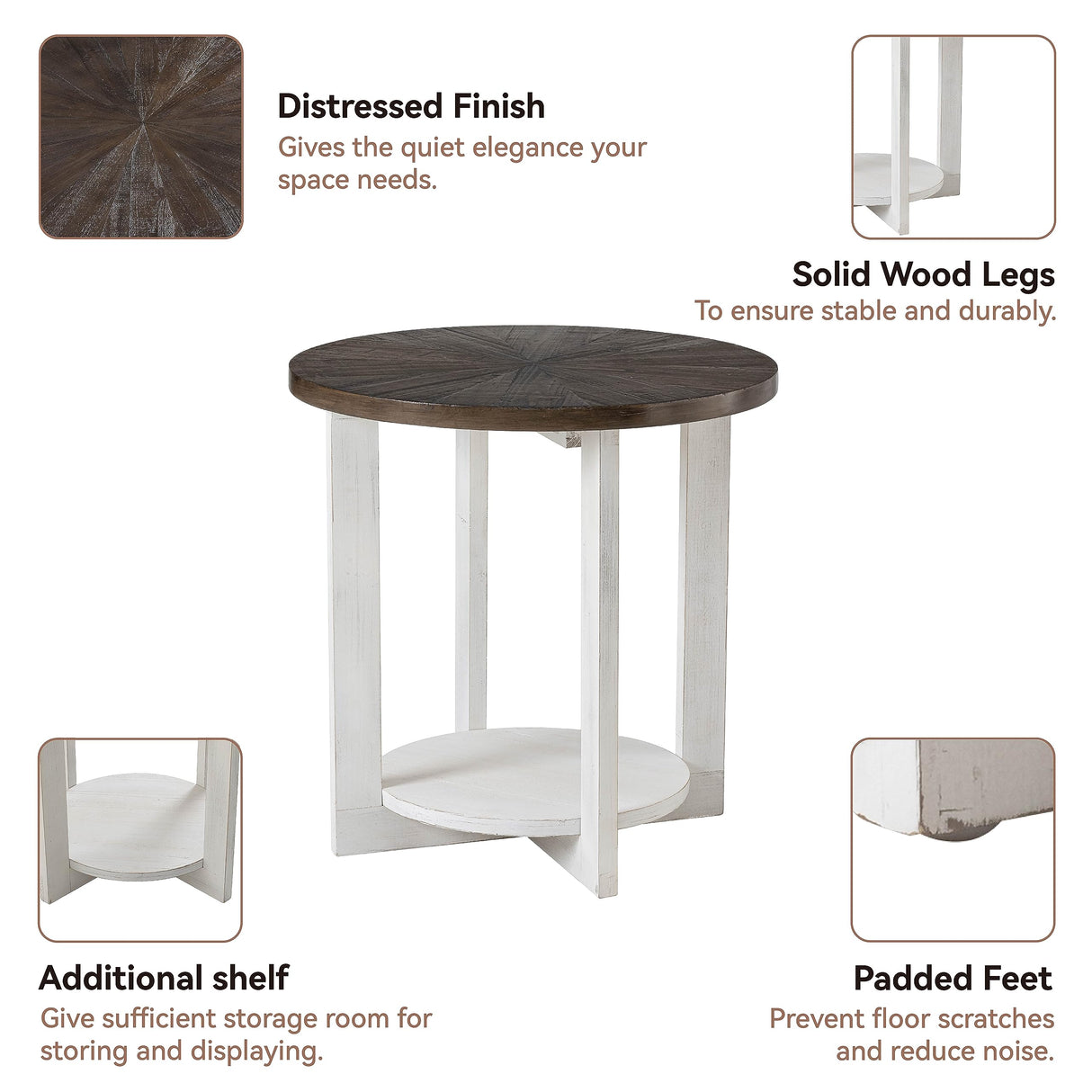 Round Wood End Table with Storage, Farmhouse Rustic Accent Table with Distressed Wood Top, Circle Table for Living Room, Brown COZAYH