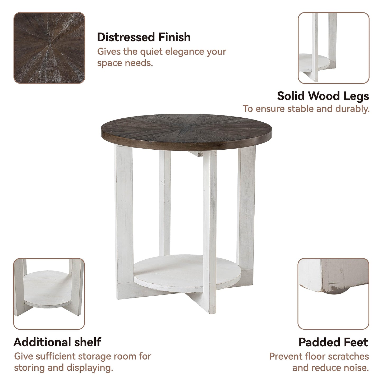 Round Wood End Table with Storage, Farmhouse Rustic Accent Table with Distressed Wood Top, Circle Table for Living Room, Brown