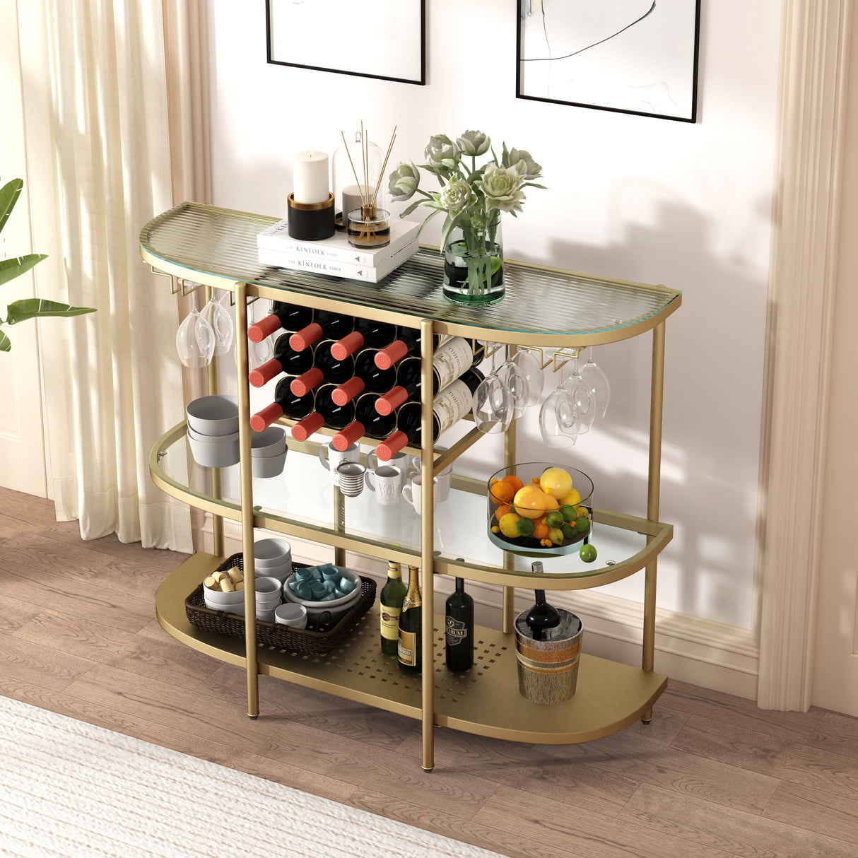 O&K FURNITURE Home Bar Table with Wine Racks, 3 Tier Wine Bar Table with Glass Holders, Wine Cabinet with Open Shelf, Liquor Bar Coffee Bar Table for Living Room Kitchen, Gold O&K FURNITURE